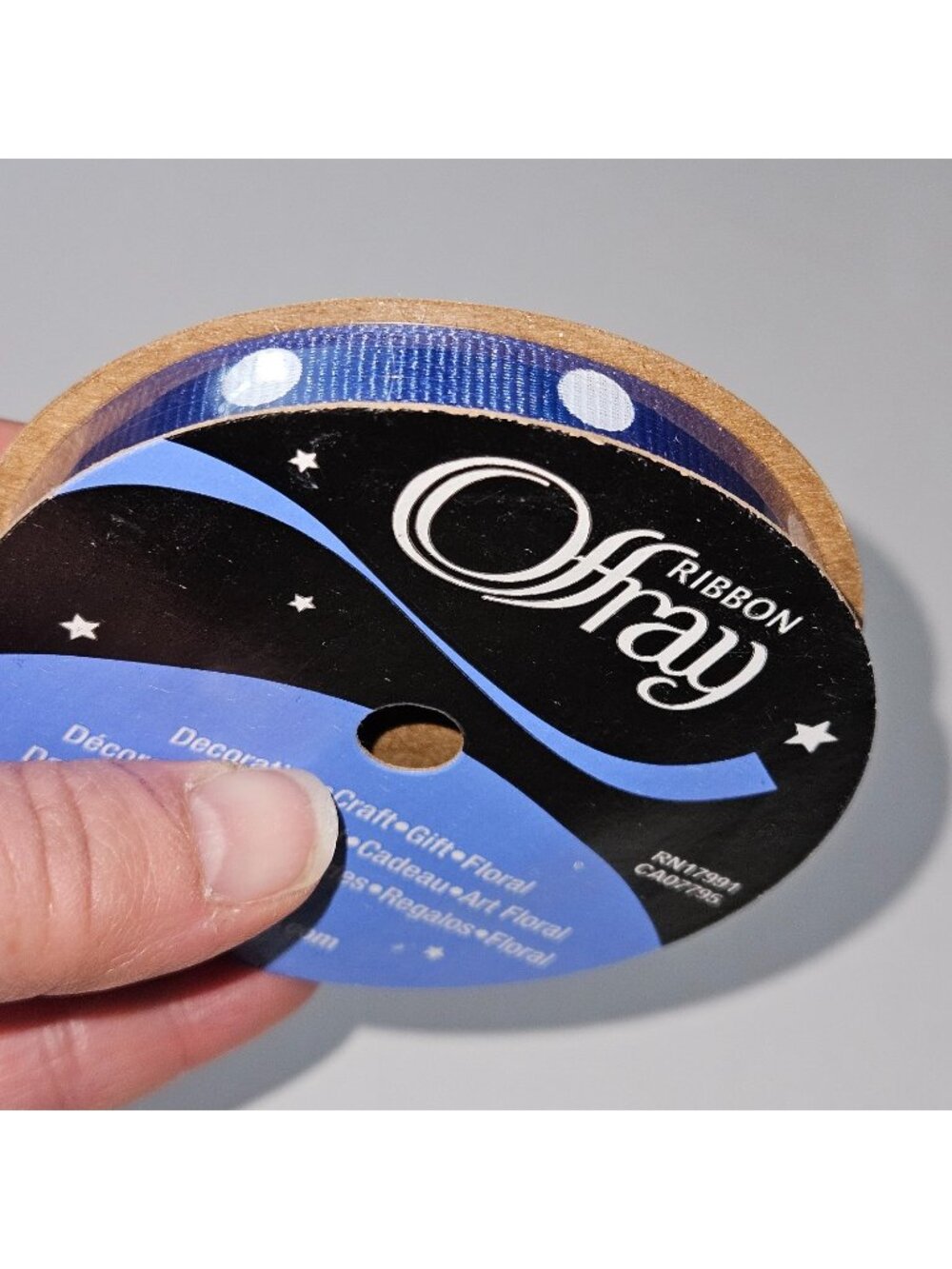 NOS Offray Ribbon Dippy Dots Blue White Polka Dot 3/8" x 9 feet